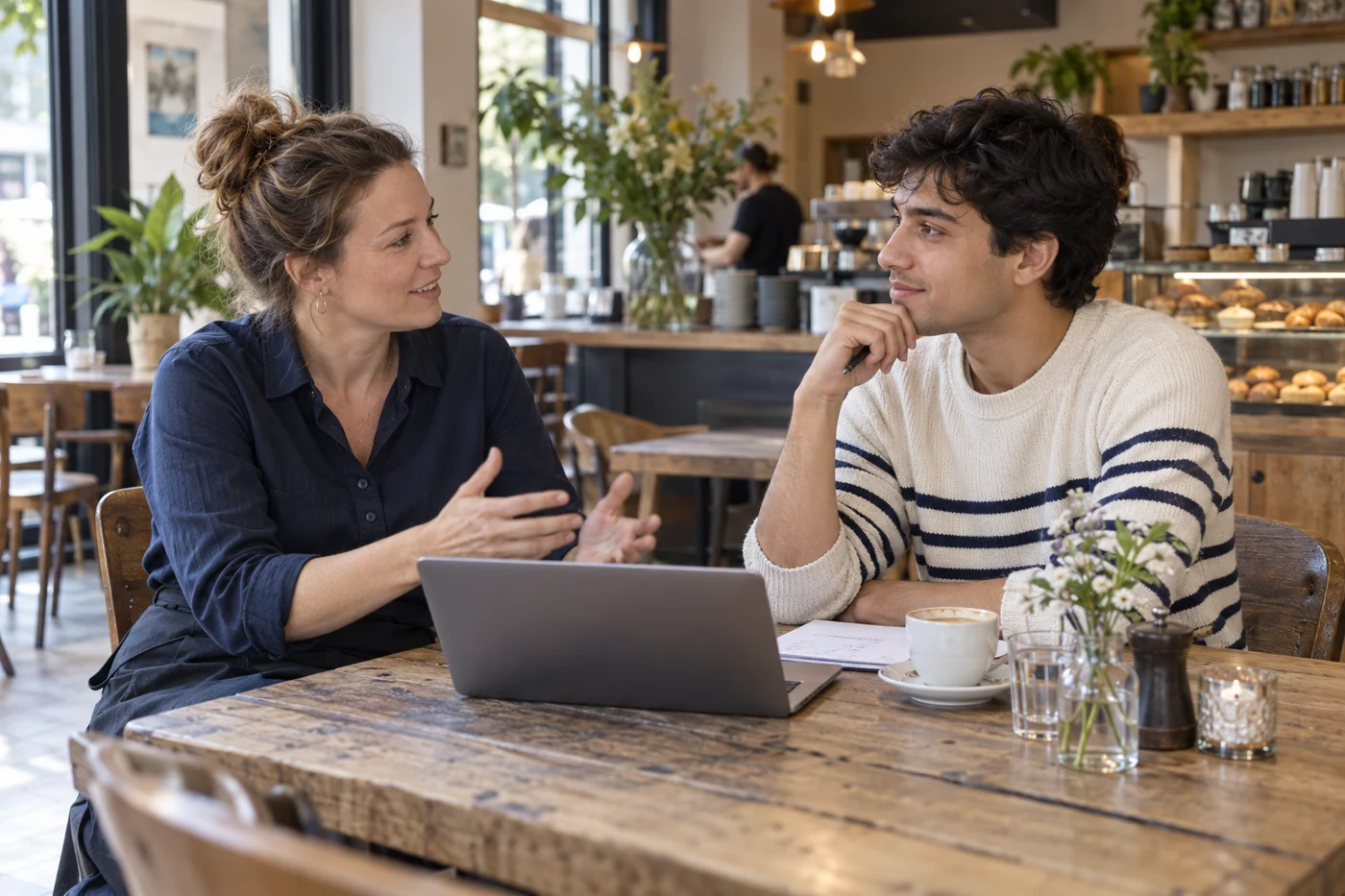 Een ontspannen gesprek tussen een cafémanager en een student
