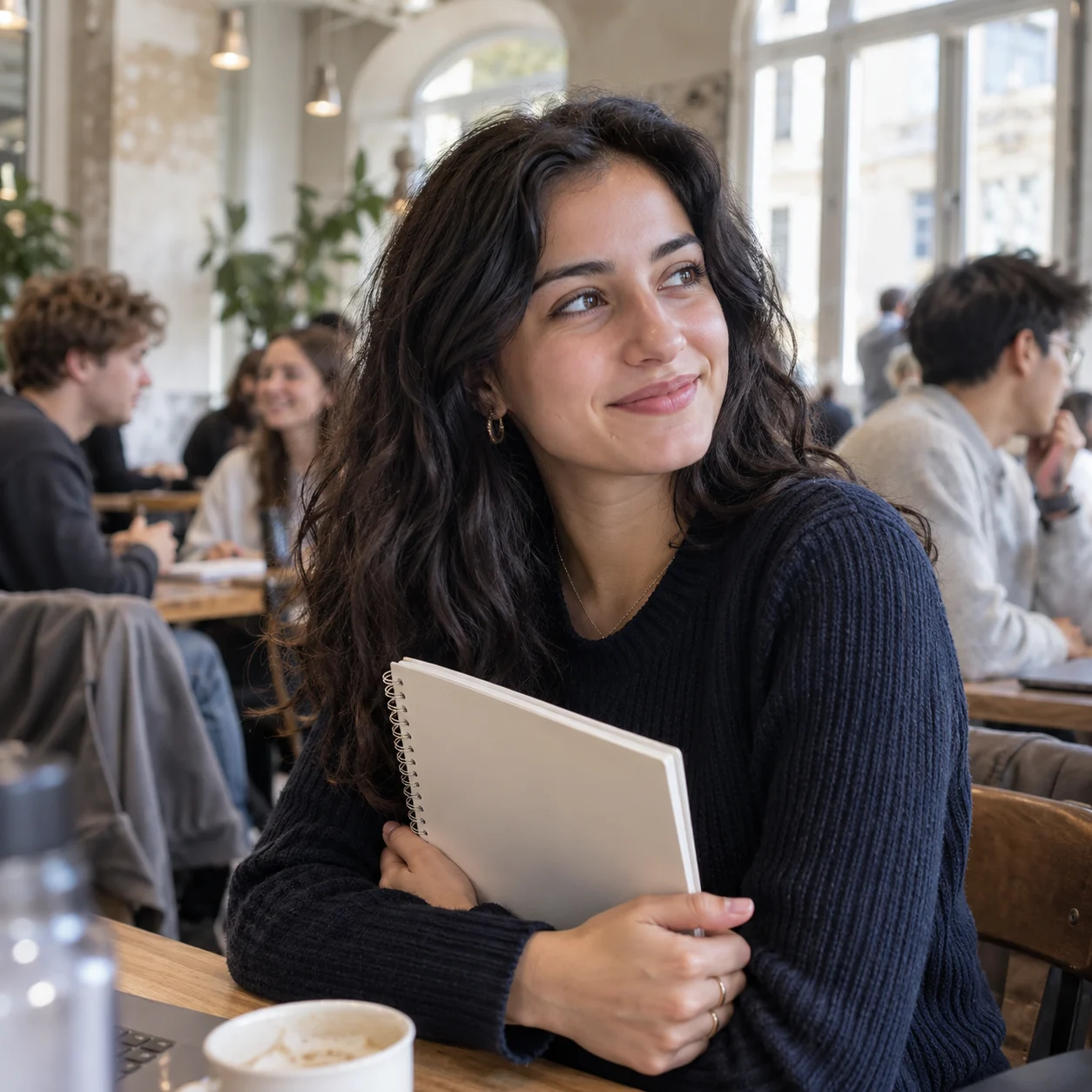 Een student met haar notitieboek in een licht universiteitscafé
